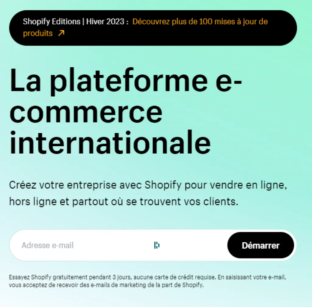 Shopify gratuit pendant 3 jours puis 1€ par mois pendant 3 mois